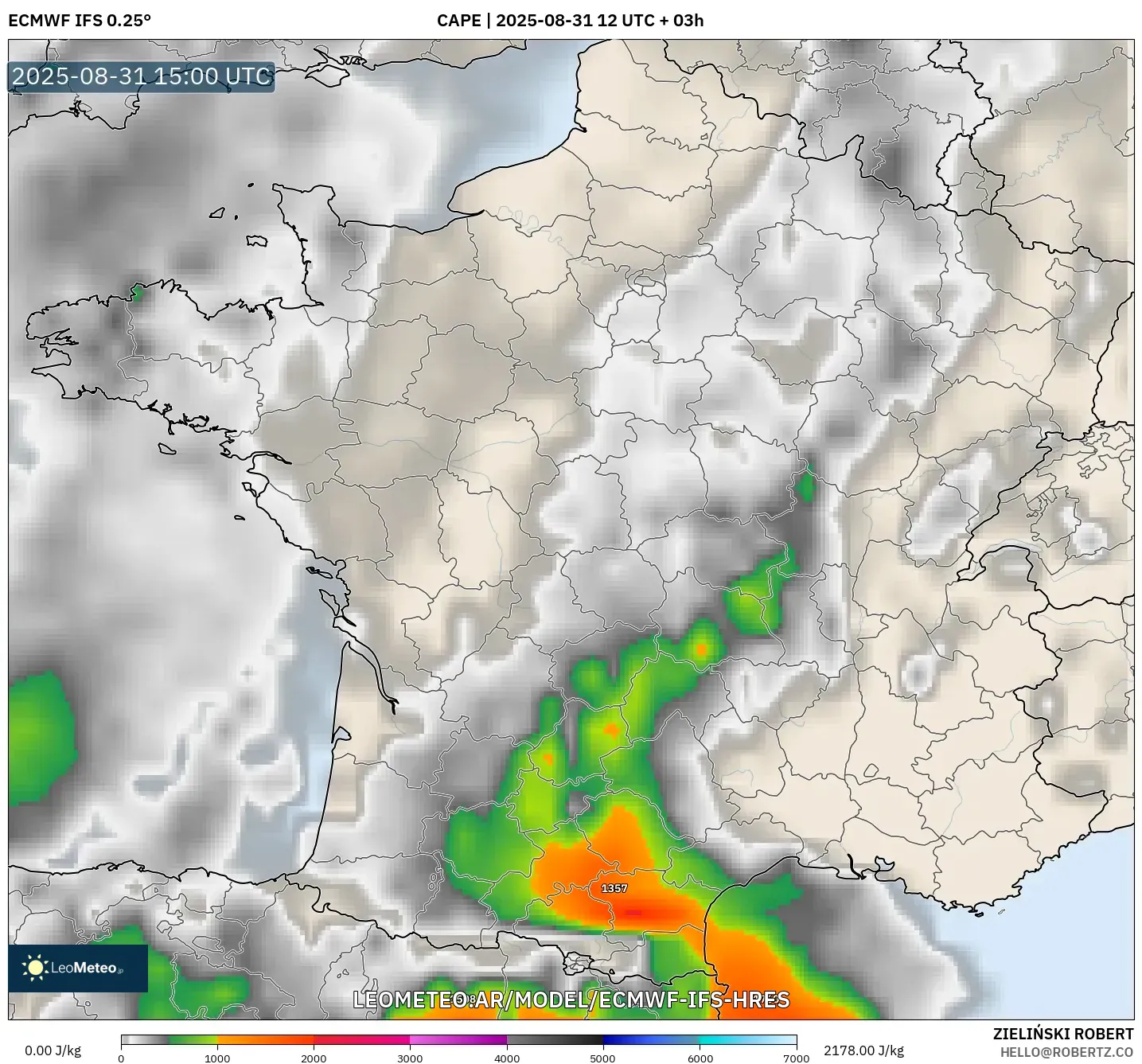 ECMWF IFS 0.25° model - Francia, CAPE ECMWF IFS 0.25° model - Francia, CAPE