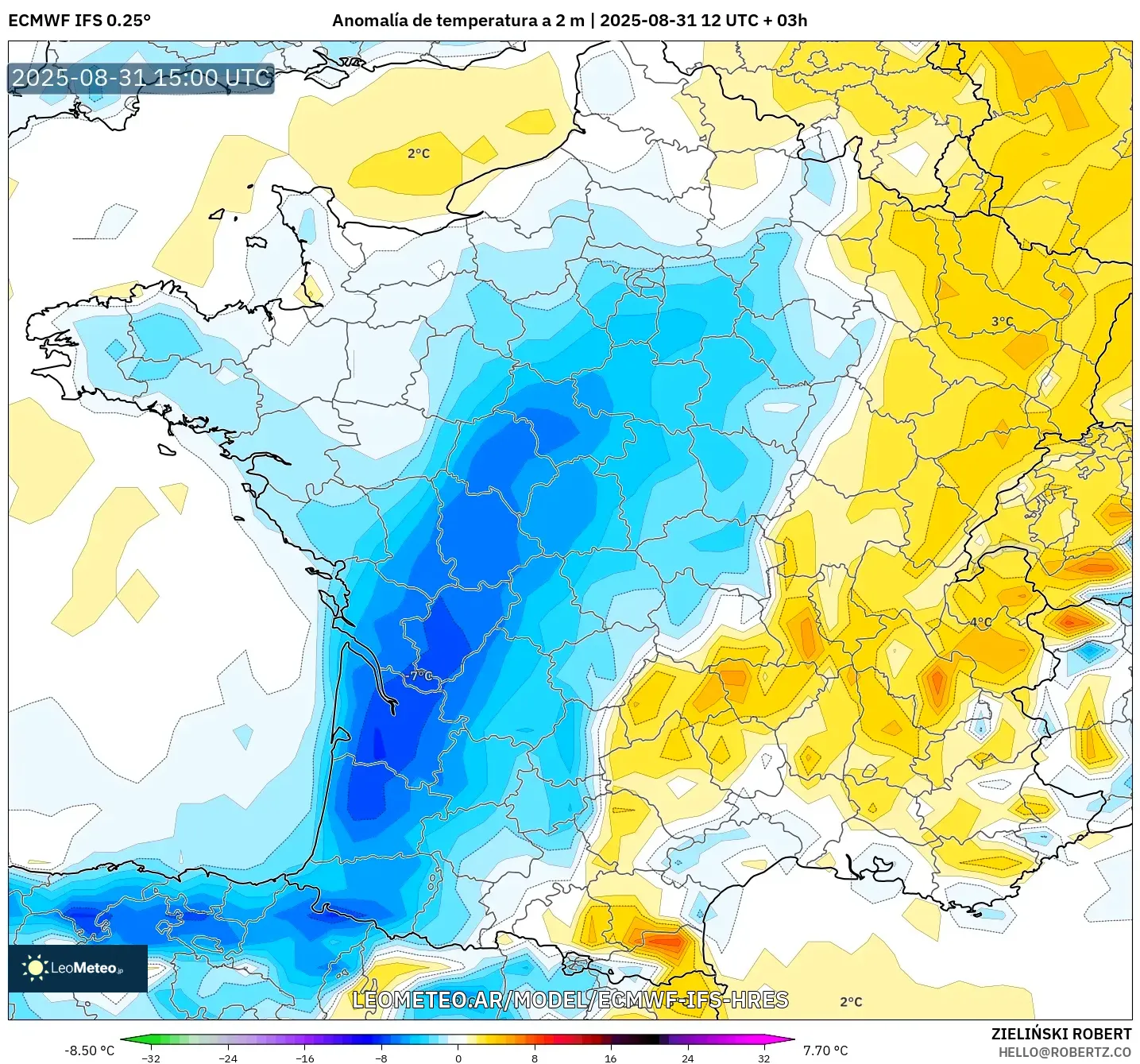 ECMWF IFS 0.25° model - Francia, Anomalía de temperatura a 2 m ECMWF IFS 0.25° model - Francia, Anomalía de temperatura a 2 m