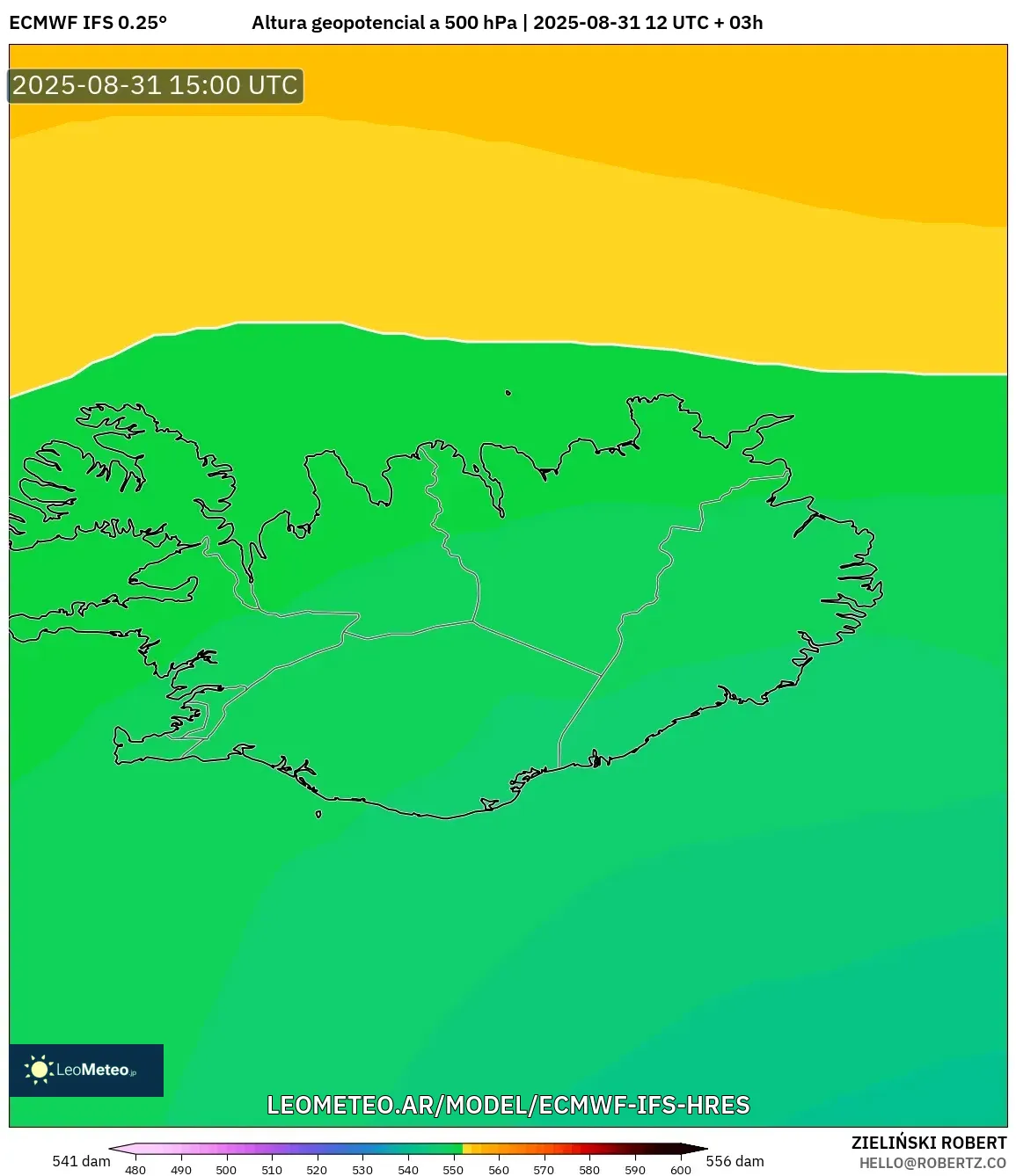 ECMWF IFS 0.25° model - Islandia, Altura geopotencial a 500 hPa ECMWF IFS 0.25° model - Islandia, Altura geopotencial a 500 hPa