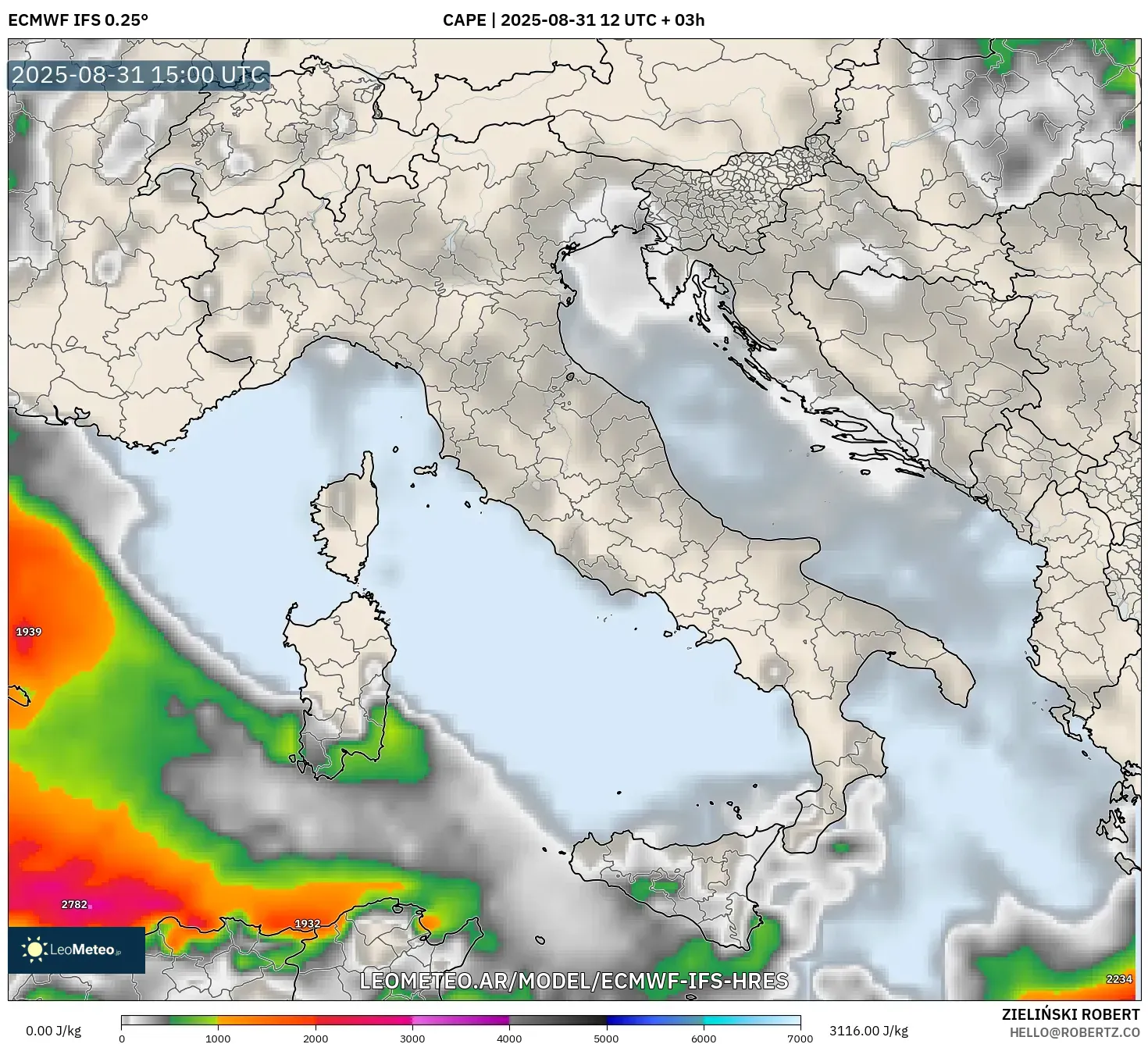 ECMWF IFS 0.25° model - Italia, CAPE ECMWF IFS 0.25° model - Italia, CAPE