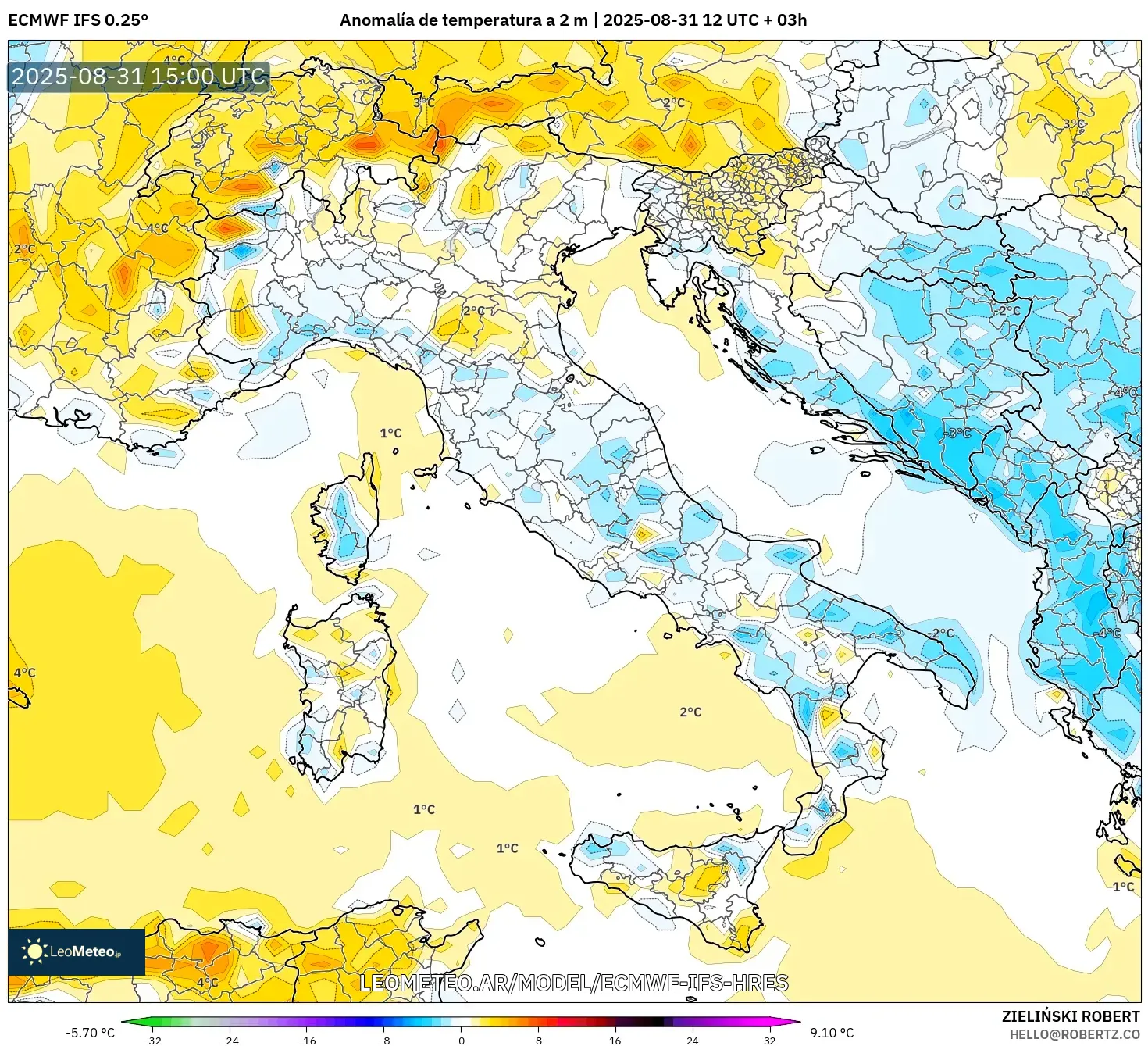 ECMWF IFS 0.25° model - Italia, Anomalía de temperatura a 2 m ECMWF IFS 0.25° model - Italia, Anomalía de temperatura a 2 m
