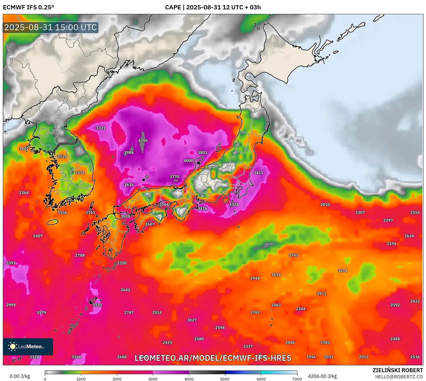 ECMWF IFS 0.25° model - Japón, CAPE ECMWF IFS 0.25° model - Japón, CAPE
