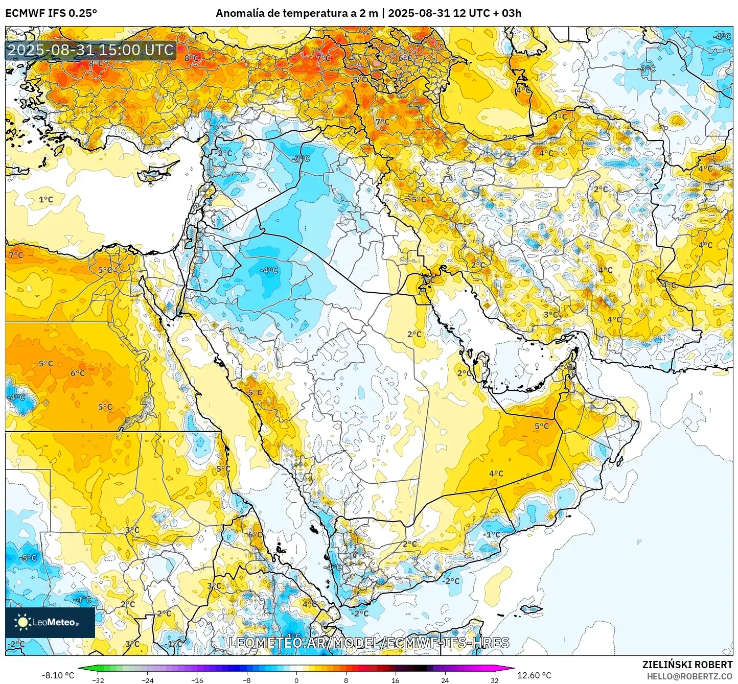 ECMWF IFS 0.25° model - Oriente Medio, Anomalía de temperatura a 2 m ECMWF IFS 0.25° model - Oriente Medio, Anomalía de temperatura a 2 m