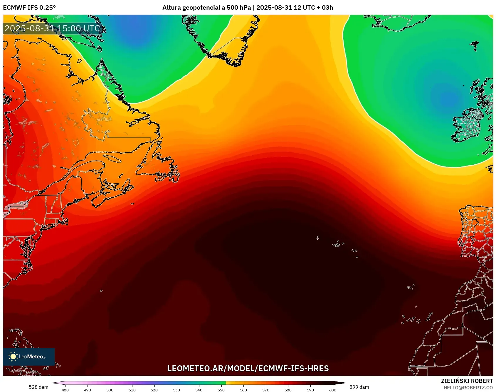 ECMWF IFS 0.25° model - Norte Atlántico, Altura geopotencial a 500 hPa ECMWF IFS 0.25° model - Norte Atlántico, Altura geopotencial a 500 hPa