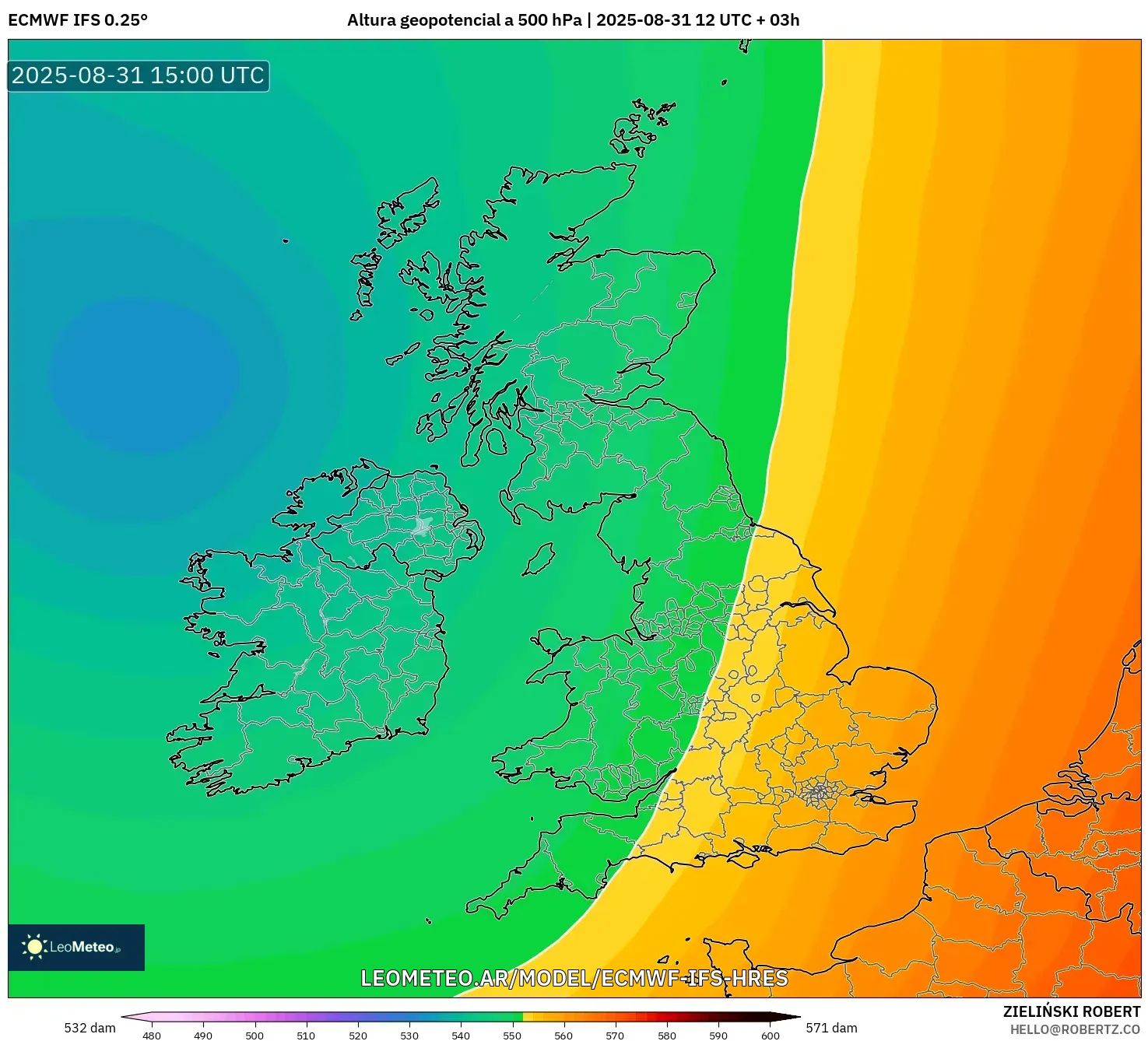 ECMWF IFS 0.25° model - Reino Unido, Altura geopotencial a 500 hPa ECMWF IFS 0.25° model - Reino Unido, Altura geopotencial a 500 hPa