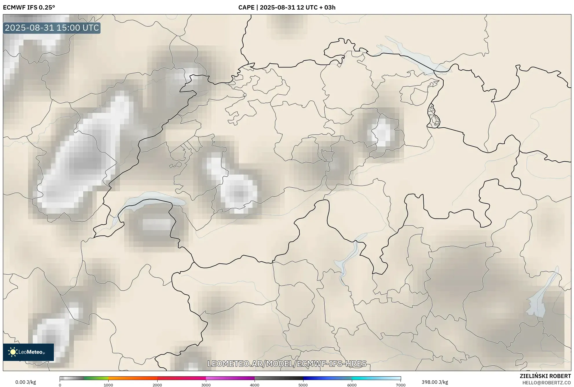 ECMWF IFS 0.25° model - Suiza, CAPE ECMWF IFS 0.25° model - Suiza, CAPE
