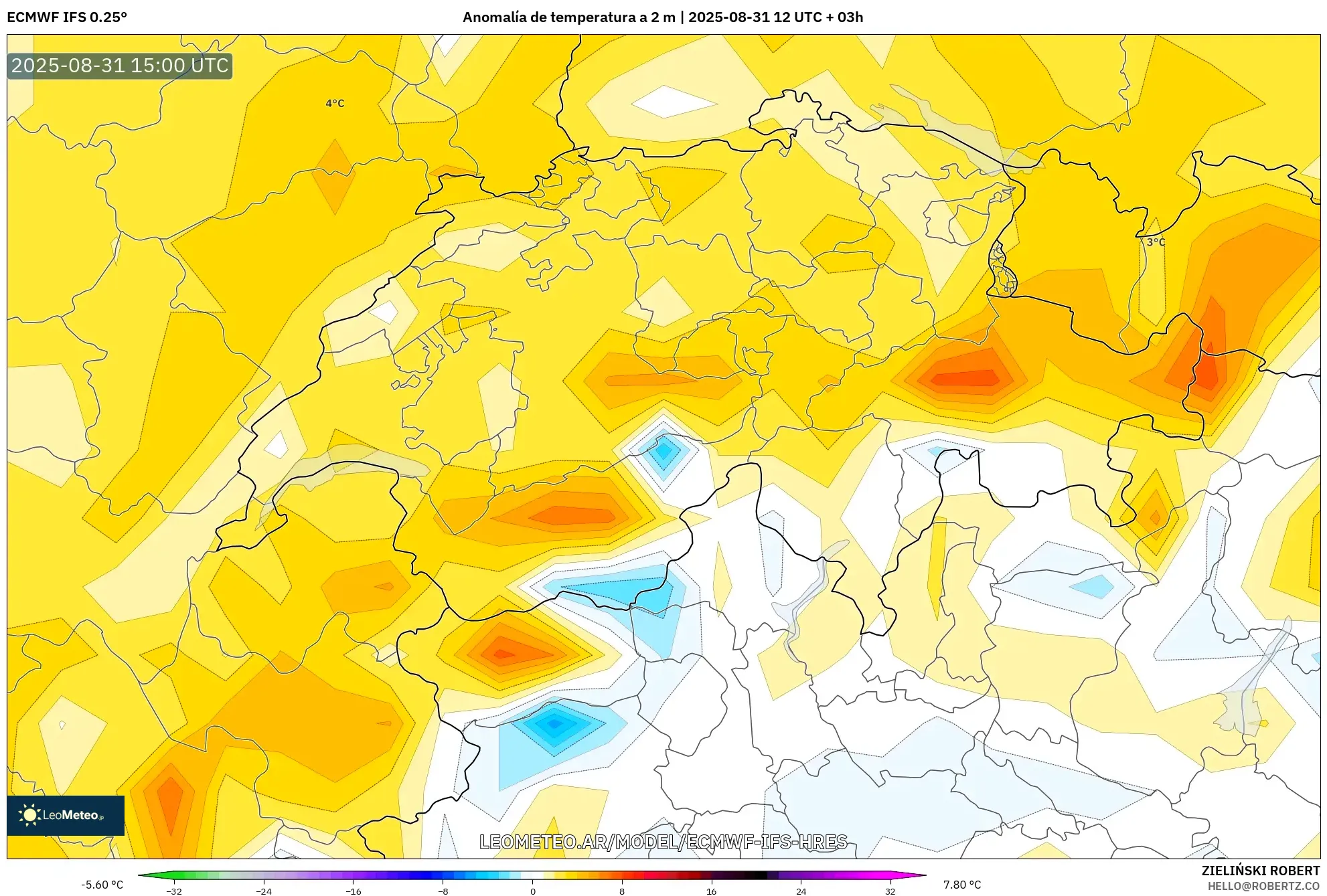 ECMWF IFS 0.25° model - Suiza, Anomalía de temperatura a 2 m ECMWF IFS 0.25° model - Suiza, Anomalía de temperatura a 2 m