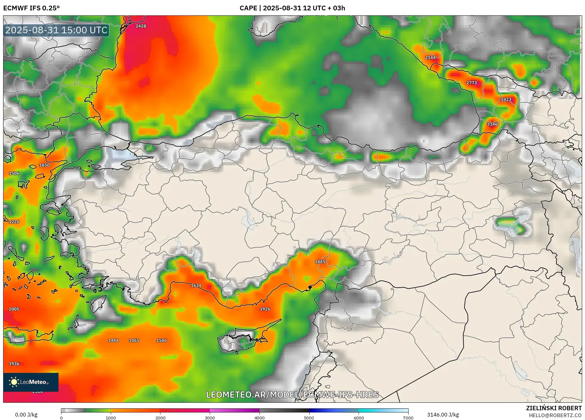 ECMWF IFS 0.25° model - Turquía, CAPE