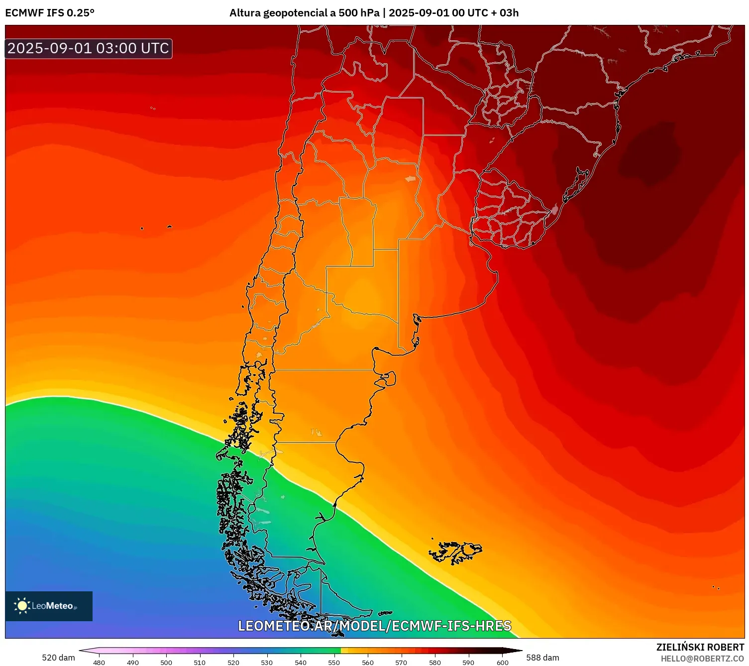 ECMWF IFS 0.25° model - Argentina, Altura geopotencial a 500 hPa ECMWF IFS 0.25° model - Argentina, Altura geopotencial a 500 hPa