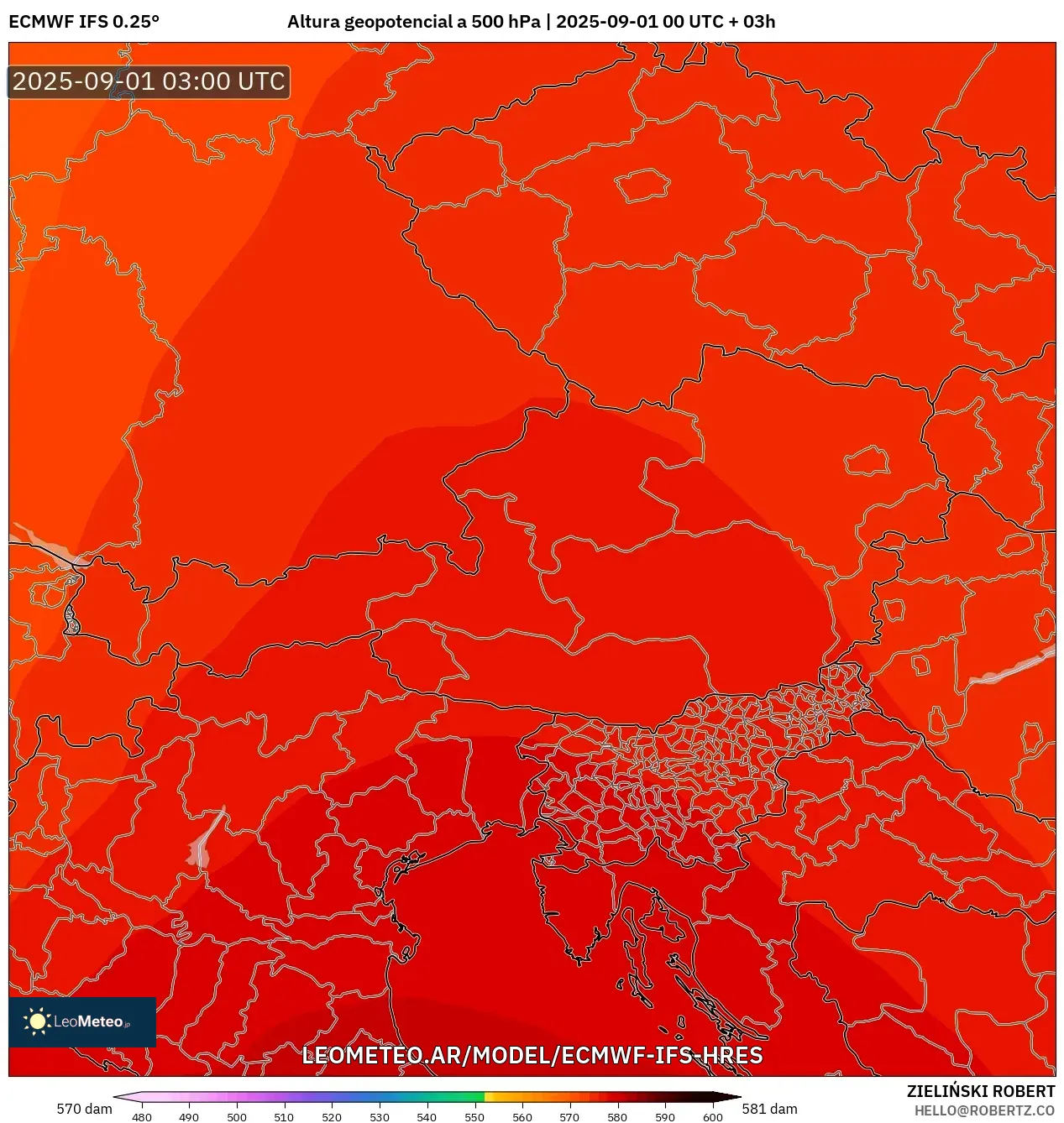 ECMWF IFS 0.25° model - Austria, Altura geopotencial a 500 hPa ECMWF IFS 0.25° model - Austria, Altura geopotencial a 500 hPa