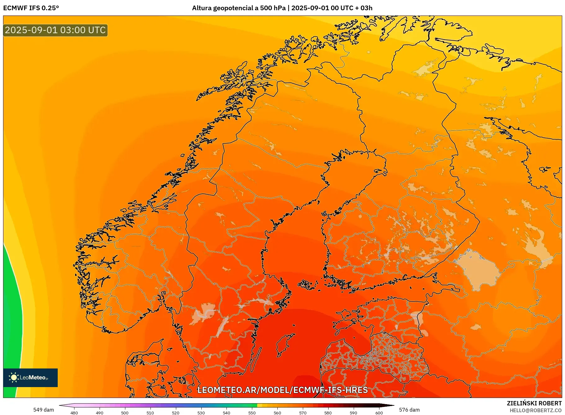ECMWF IFS 0.25° model - Escandinavia, Altura geopotencial a 500 hPa ECMWF IFS 0.25° model - Escandinavia, Altura geopotencial a 500 hPa