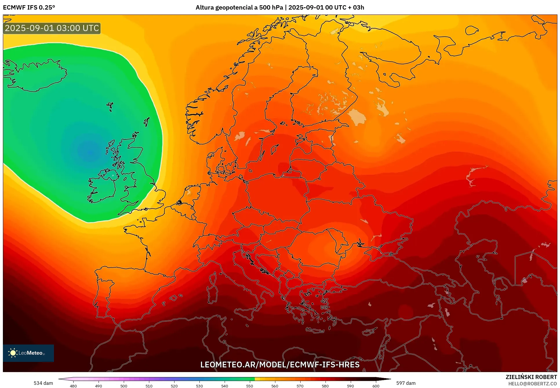 ECMWF IFS 0.25° model - Europa, Altura geopotencial a 500 hPa ECMWF IFS 0.25° model - Europa, Altura geopotencial a 500 hPa