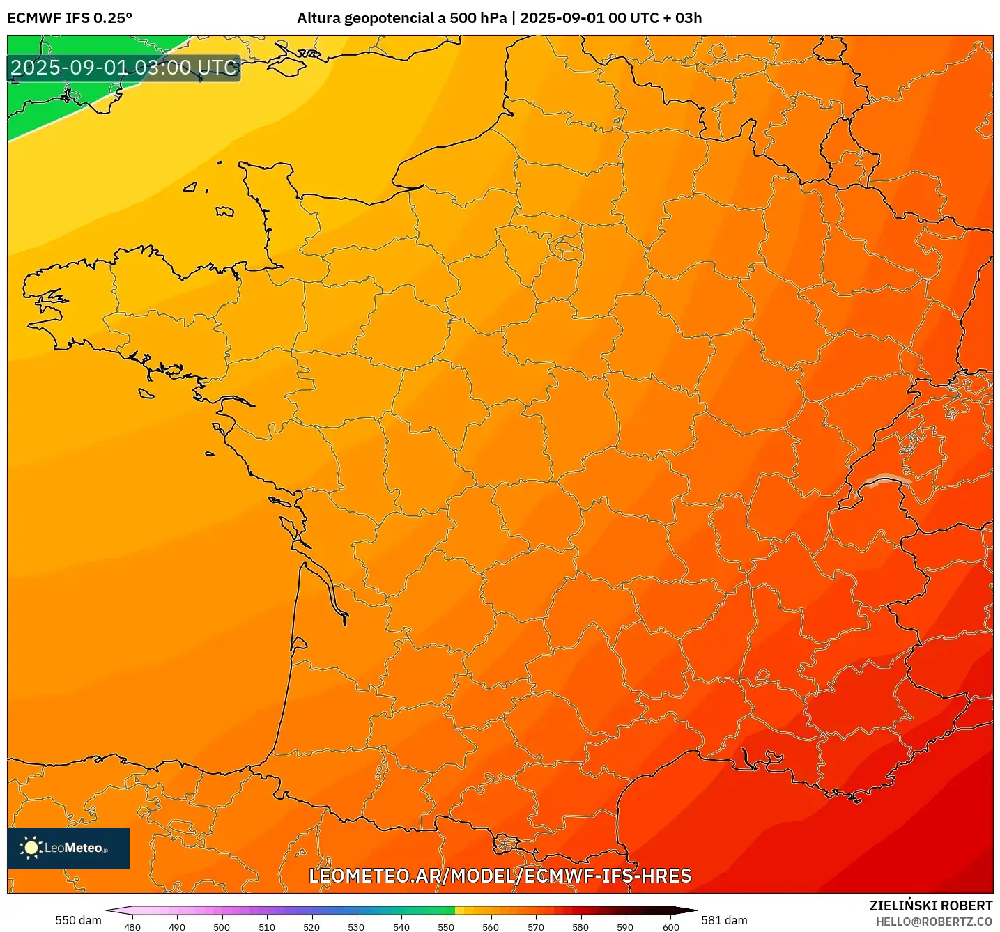 ECMWF IFS 0.25° model - Francia, Altura geopotencial a 500 hPa ECMWF IFS 0.25° model - Francia, Altura geopotencial a 500 hPa