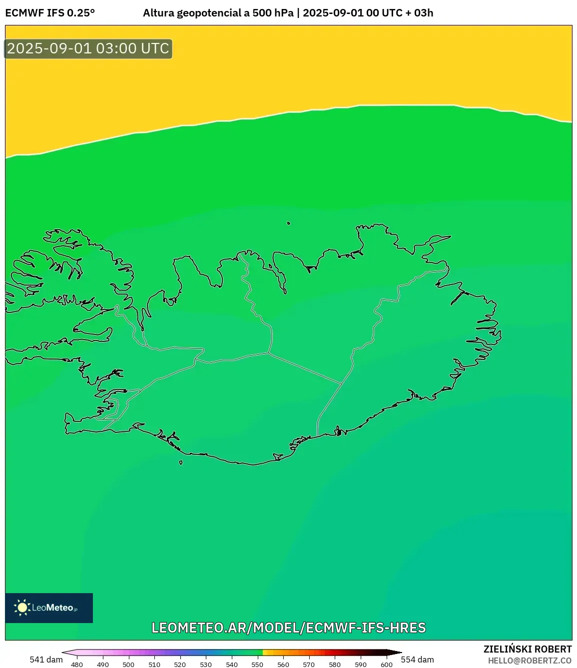 ECMWF IFS 0.25° model - Islandia, Altura geopotencial a 500 hPa ECMWF IFS 0.25° model - Islandia, Altura geopotencial a 500 hPa