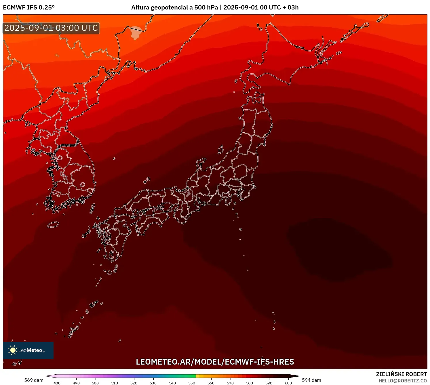 ECMWF IFS 0.25° model - Japón, Altura geopotencial a 500 hPa ECMWF IFS 0.25° model - Japón, Altura geopotencial a 500 hPa