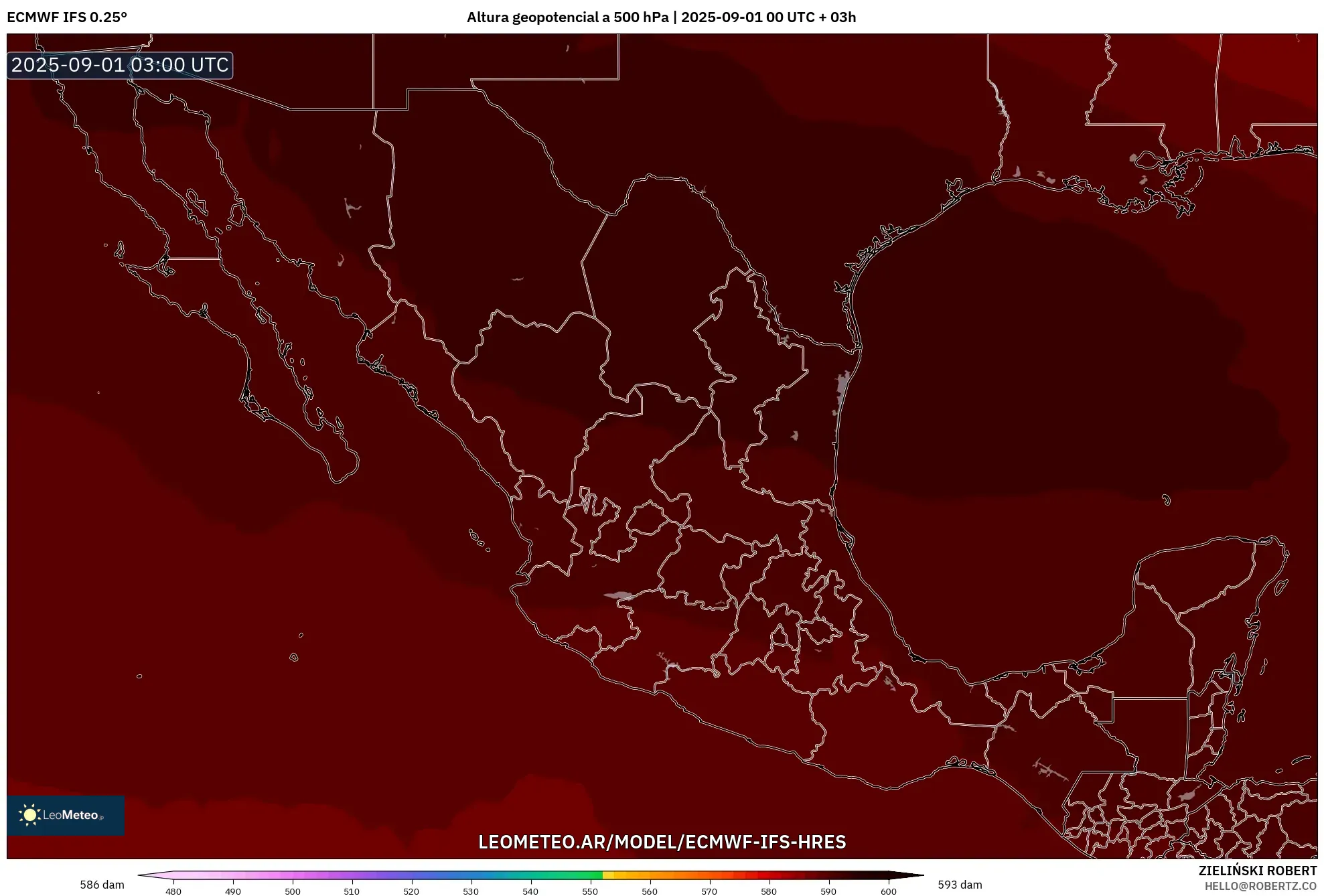 ECMWF IFS 0.25° model - México, Altura geopotencial a 500 hPa