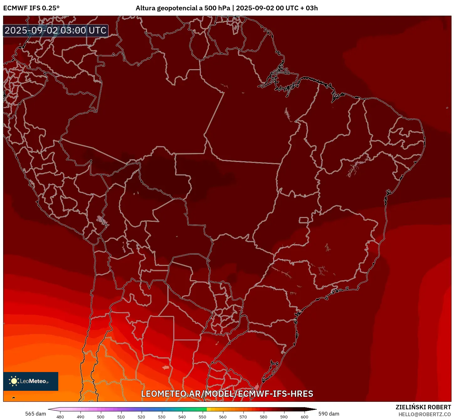 ECMWF IFS 0.25° model - Brasil, Altura geopotencial a 500 hPa ECMWF IFS 0.25° model - Brasil, Altura geopotencial a 500 hPa