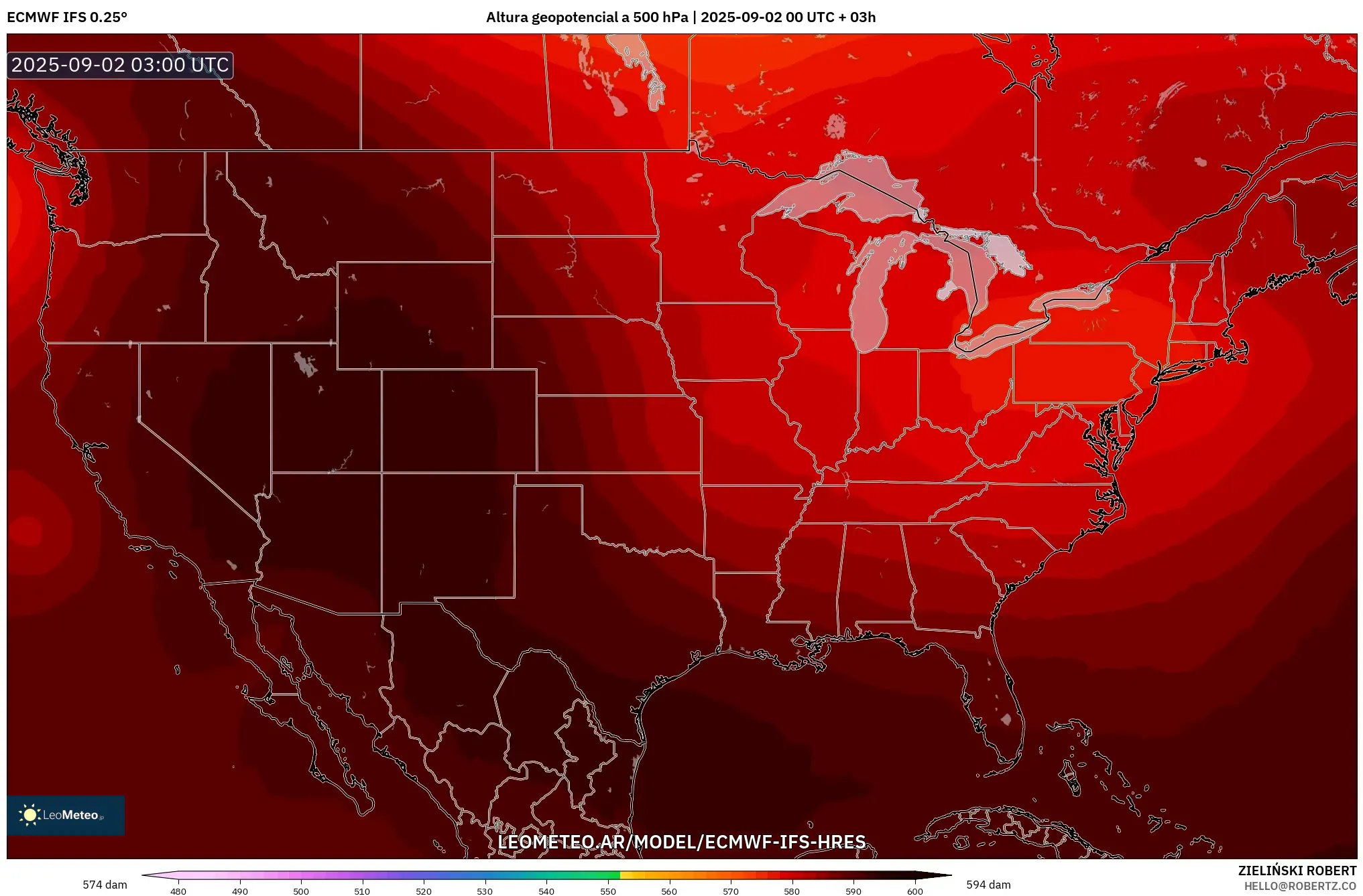 ECMWF IFS 0.25° model - Estados Unidos, Altura geopotencial a 500 hPa ECMWF IFS 0.25° model - Estados Unidos, Altura geopotencial a 500 hPa