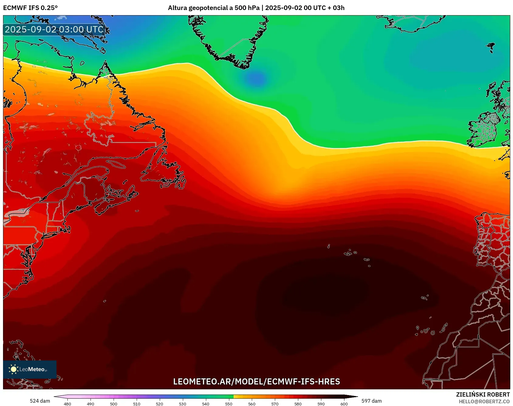 ECMWF IFS 0.25° model - Norte Atlántico, Altura geopotencial a 500 hPa ECMWF IFS 0.25° model - Norte Atlántico, Altura geopotencial a 500 hPa