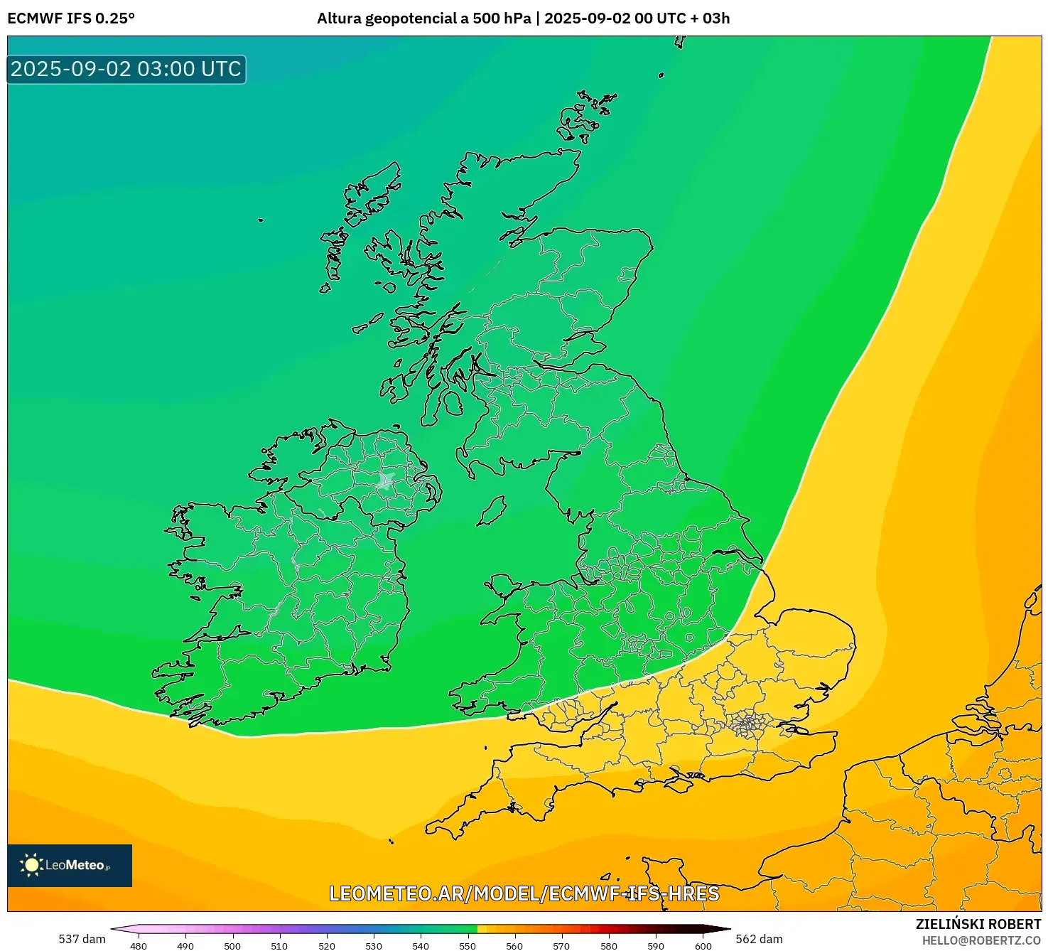 ECMWF IFS 0.25° model - Reino Unido, Altura geopotencial a 500 hPa ECMWF IFS 0.25° model - Reino Unido, Altura geopotencial a 500 hPa