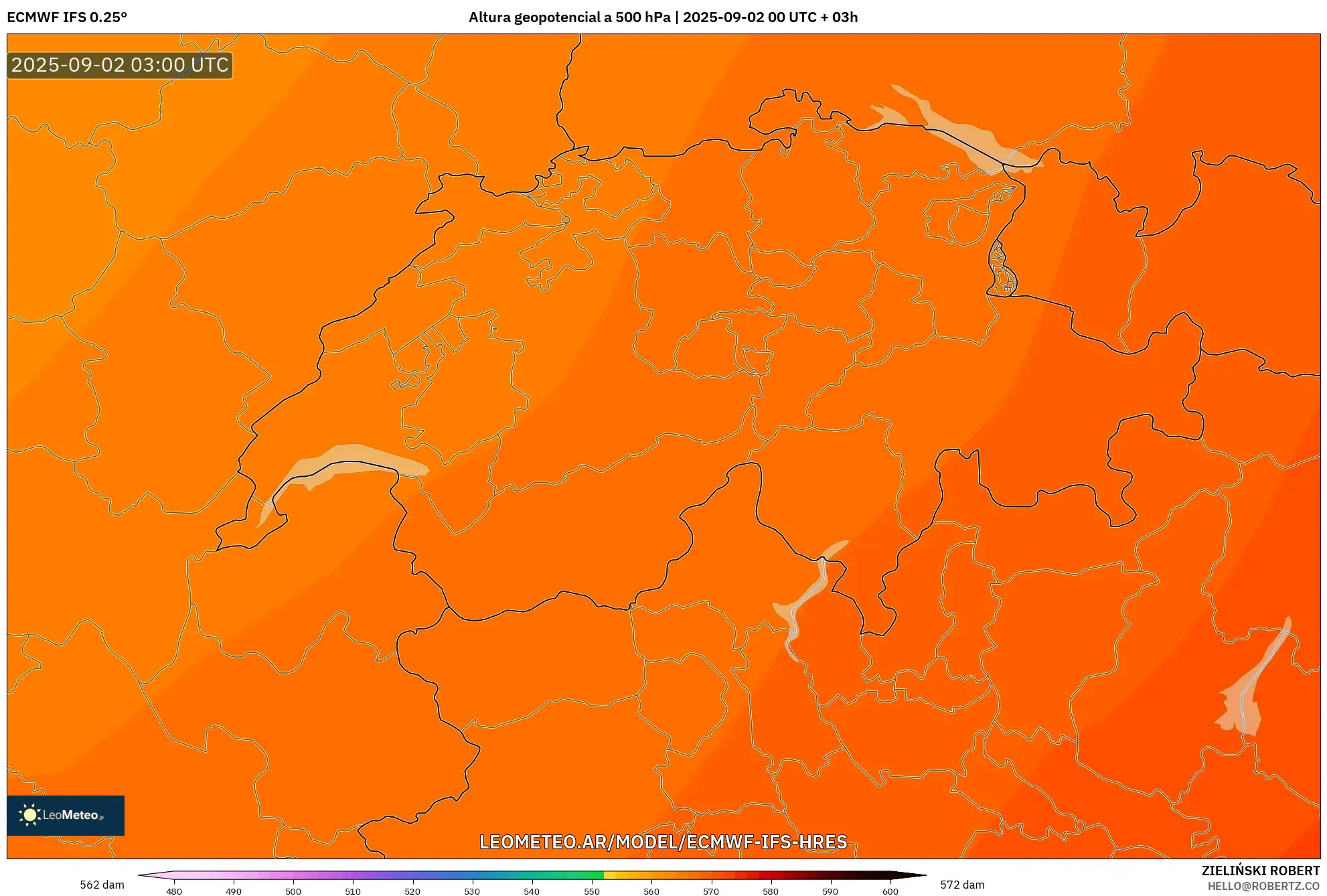 ECMWF IFS 0.25° model - Suiza, Altura geopotencial a 500 hPa ECMWF IFS 0.25° model - Suiza, Altura geopotencial a 500 hPa