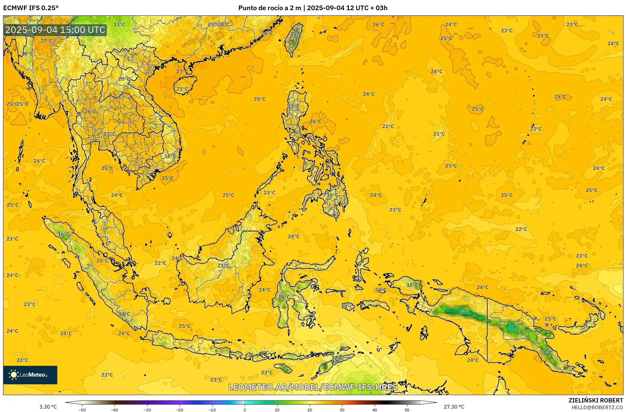 ECMWF IFS 0.25° model - Sudeste Asiático, Punto de rocío a 2 m ECMWF IFS 0.25° model - Sudeste Asiático, Punto de rocío a 2 m