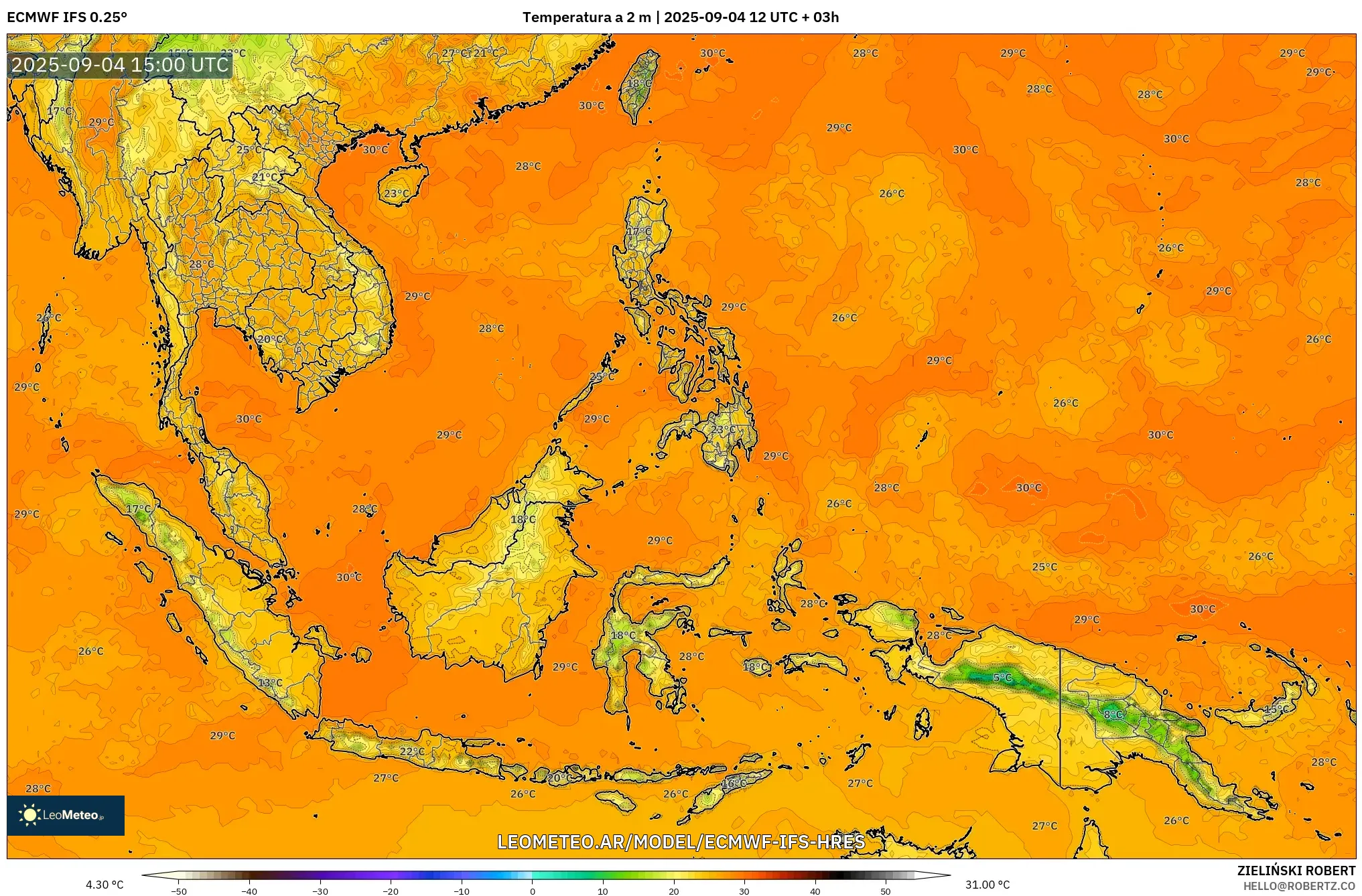 ECMWF IFS 0.25° model - Sudeste Asiático, Temperatura a 2 m ECMWF IFS 0.25° model - Sudeste Asiático, Temperatura a 2 m