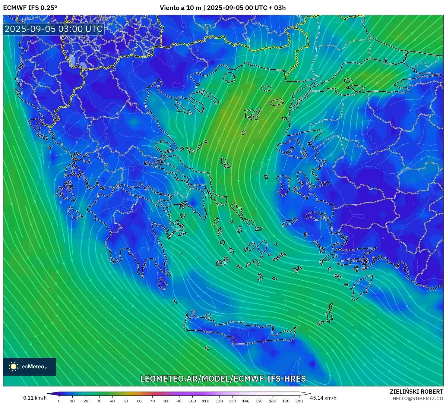ECMWF IFS 0.25° model - Grecia, Viento a 10 m