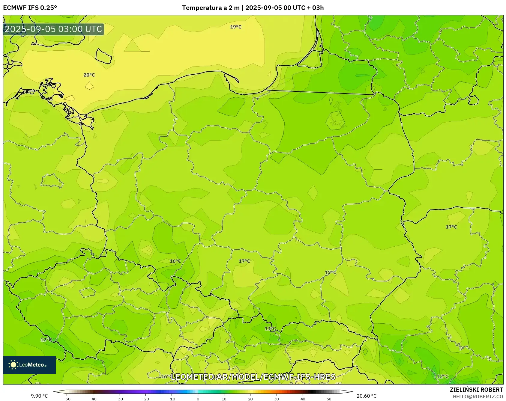 ECMWF IFS 0.25° model - Polonia, Temperatura a 2 m