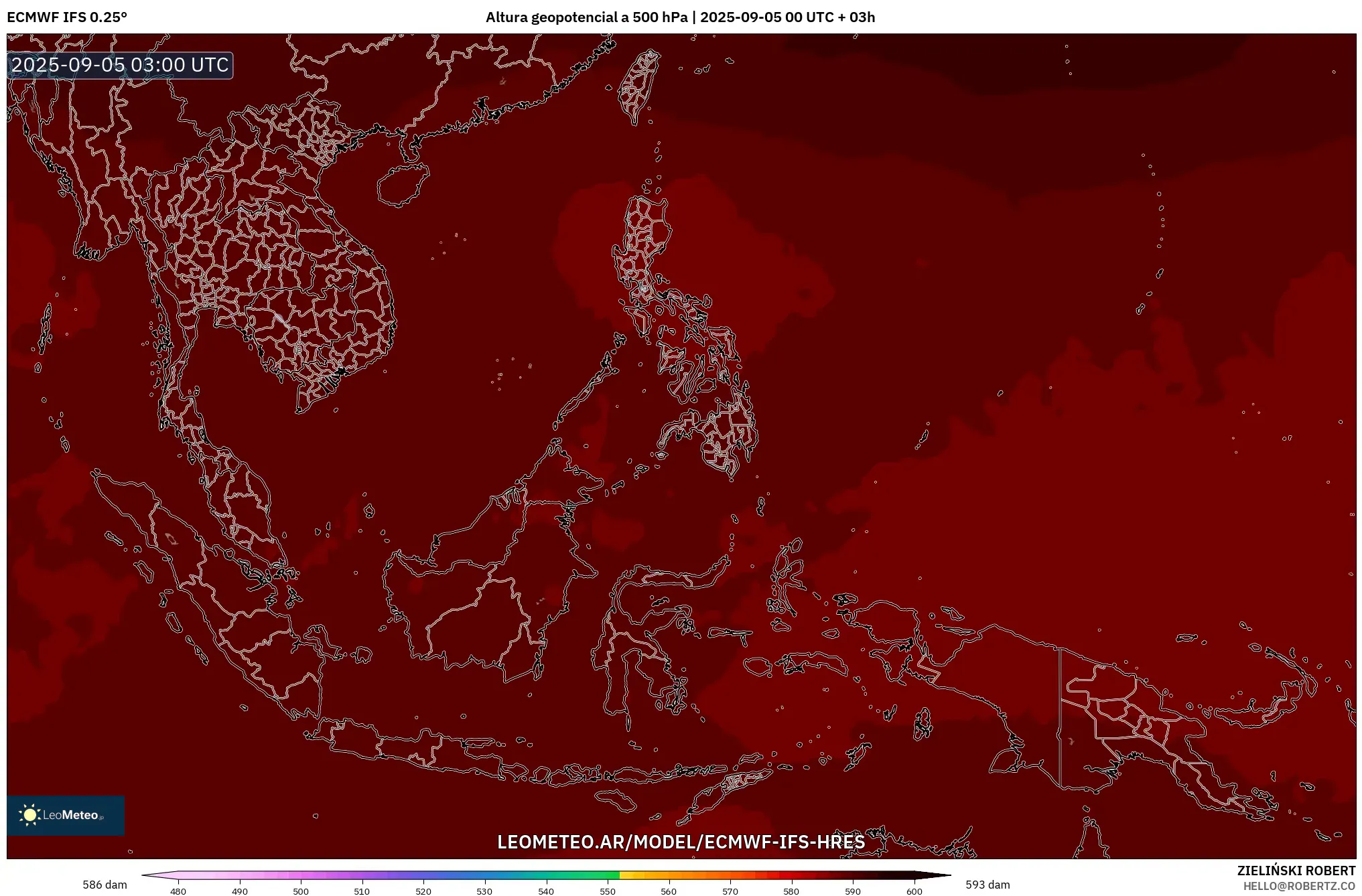 ECMWF IFS 0.25° model - Sudeste Asiático, Altura geopotencial a 500 hPa