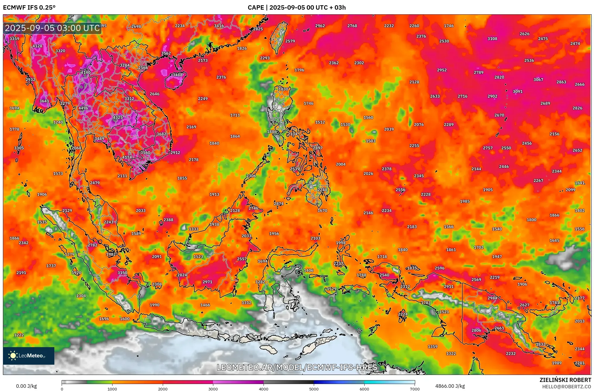 ECMWF IFS 0.25° model - Sudeste Asiático, CAPE