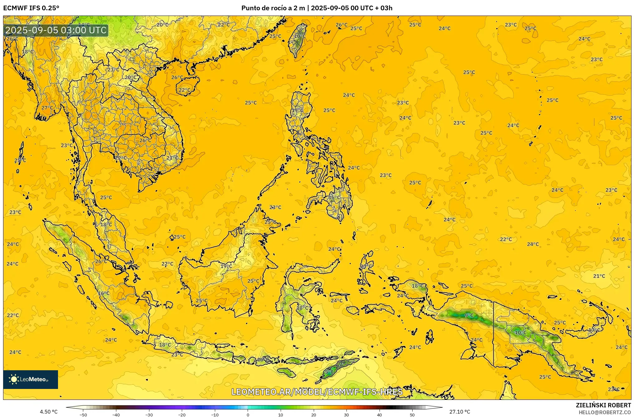 ECMWF IFS 0.25° model - Sudeste Asiático, Punto de rocío a 2 m