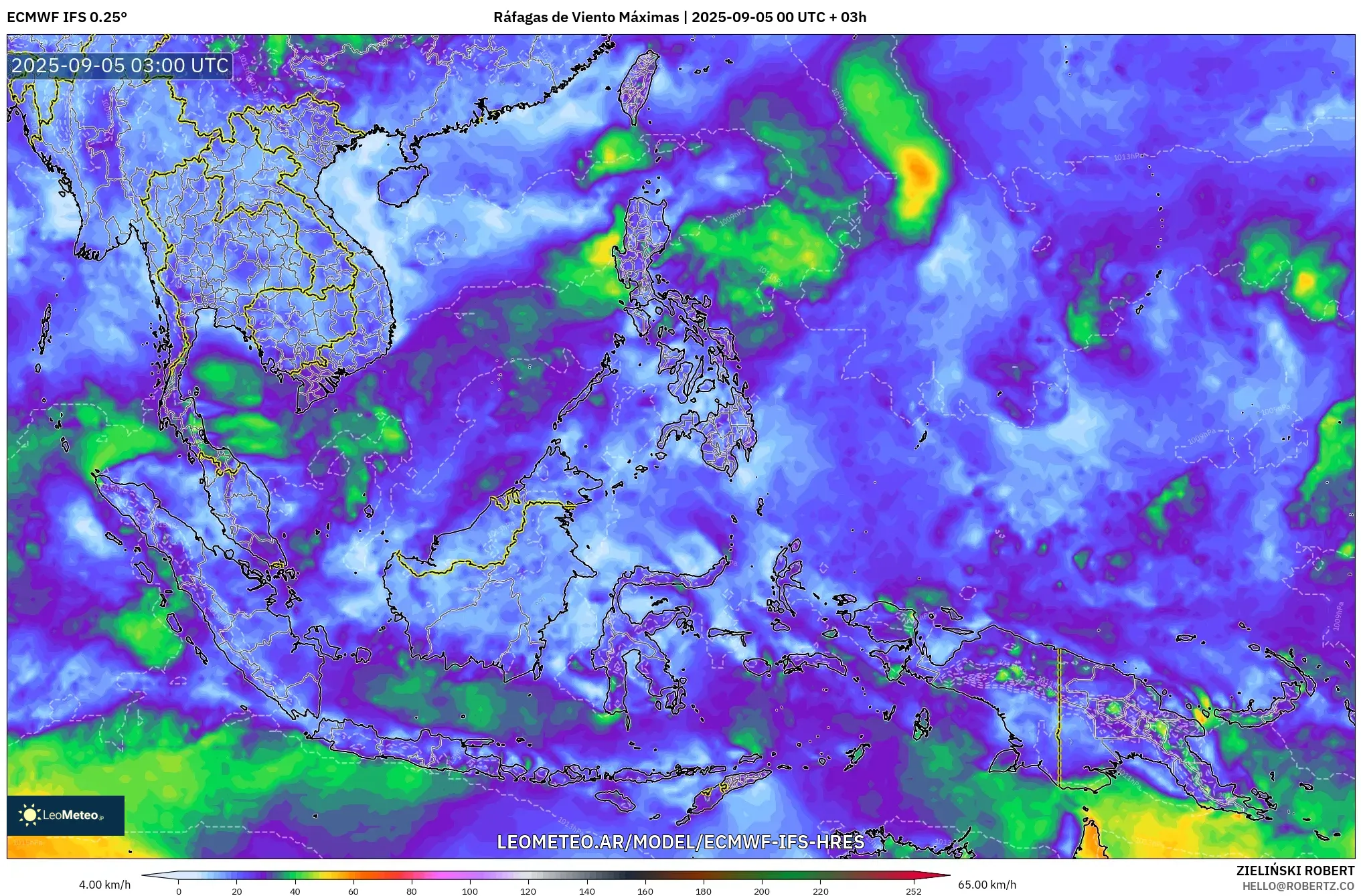 ECMWF IFS 0.25° model - Sudeste Asiático, Ráfagas de Viento Máximas ECMWF IFS 0.25° model - Sudeste Asiático, Ráfagas de Viento Máximas
