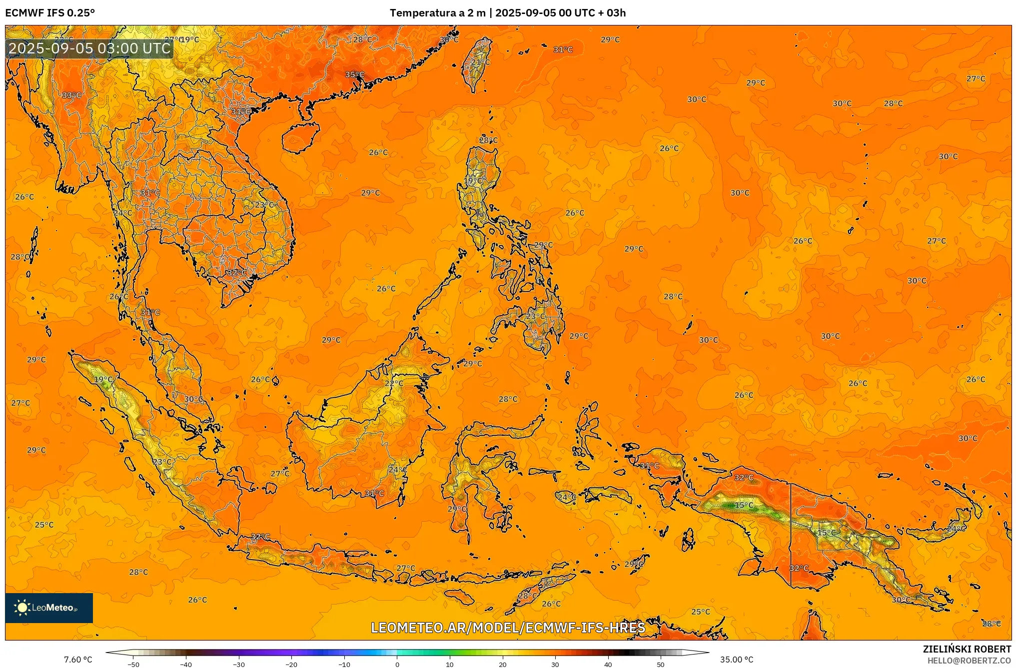 ECMWF IFS 0.25° model - Sudeste Asiático, Temperatura a 2 m