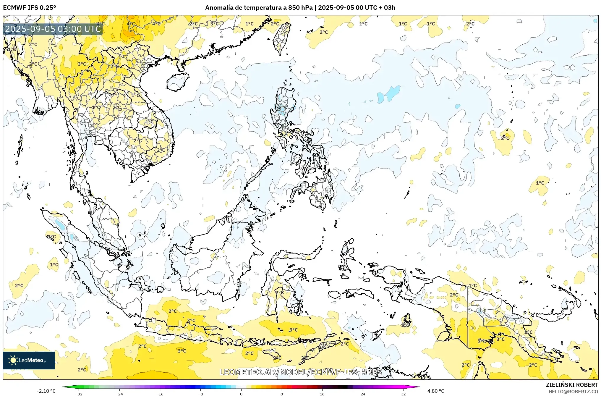 ECMWF IFS 0.25° model - Sudeste Asiático, Anomalía de temperatura a 850 hPa