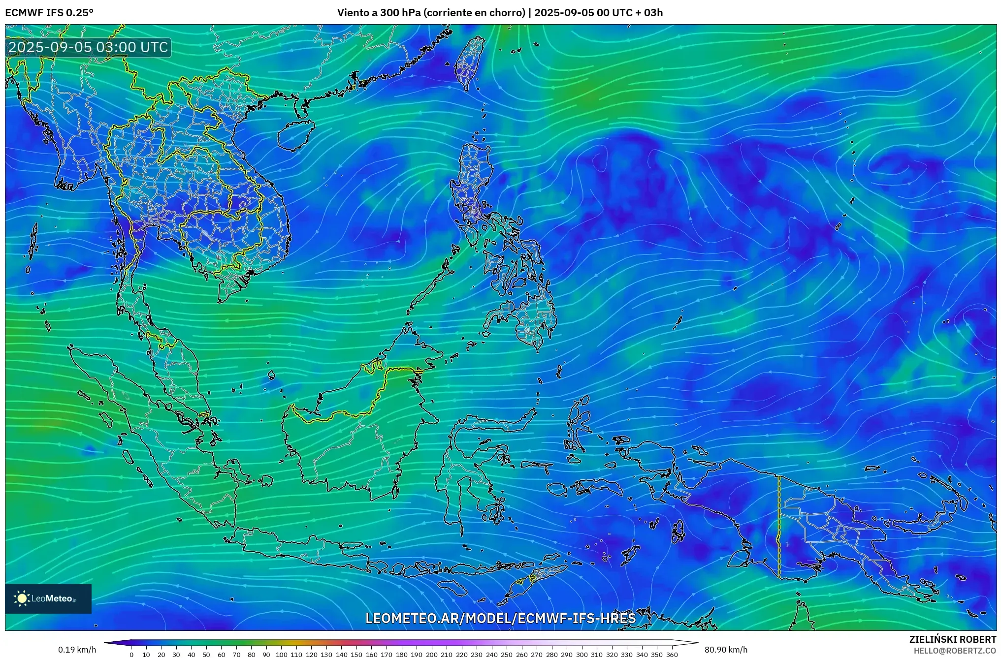 ECMWF IFS 0.25° model - Sudeste Asiático, Viento a 300 hPa (corriente en chorro)