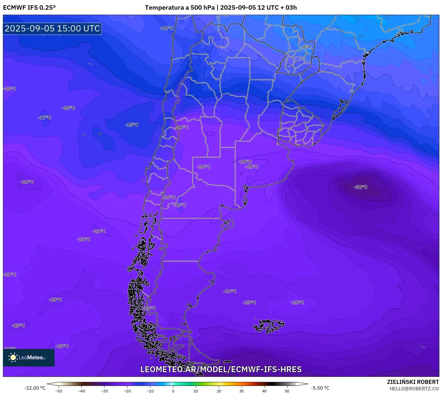 ECMWF IFS 0.25° model - Argentina, Temperatura a 500 hPa