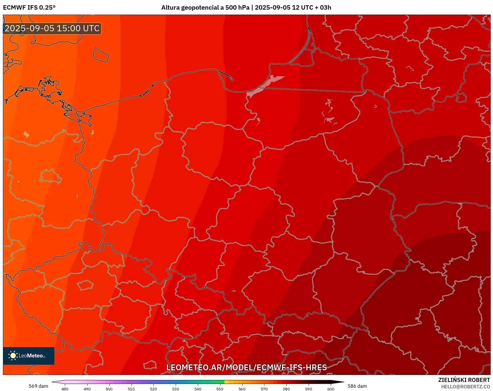 ECMWF IFS 0.25° model - Polonia, Altura geopotencial a 500 hPa