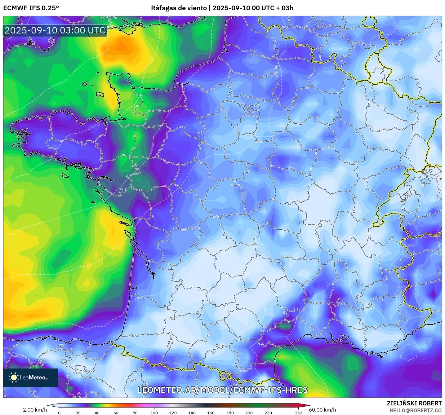 ECMWF IFS 0.25° model - Francia, Ráfagas de viento