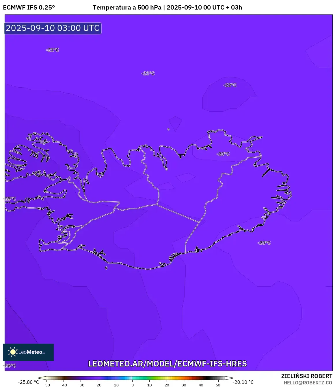 ECMWF IFS 0.25° model - Islandia, Temperatura a 500 hPa