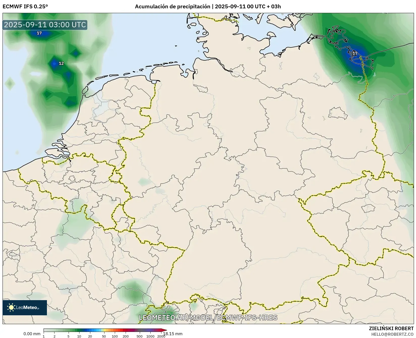 ECMWF IFS 0.25° model - Alemania, Acumulación de precipitación