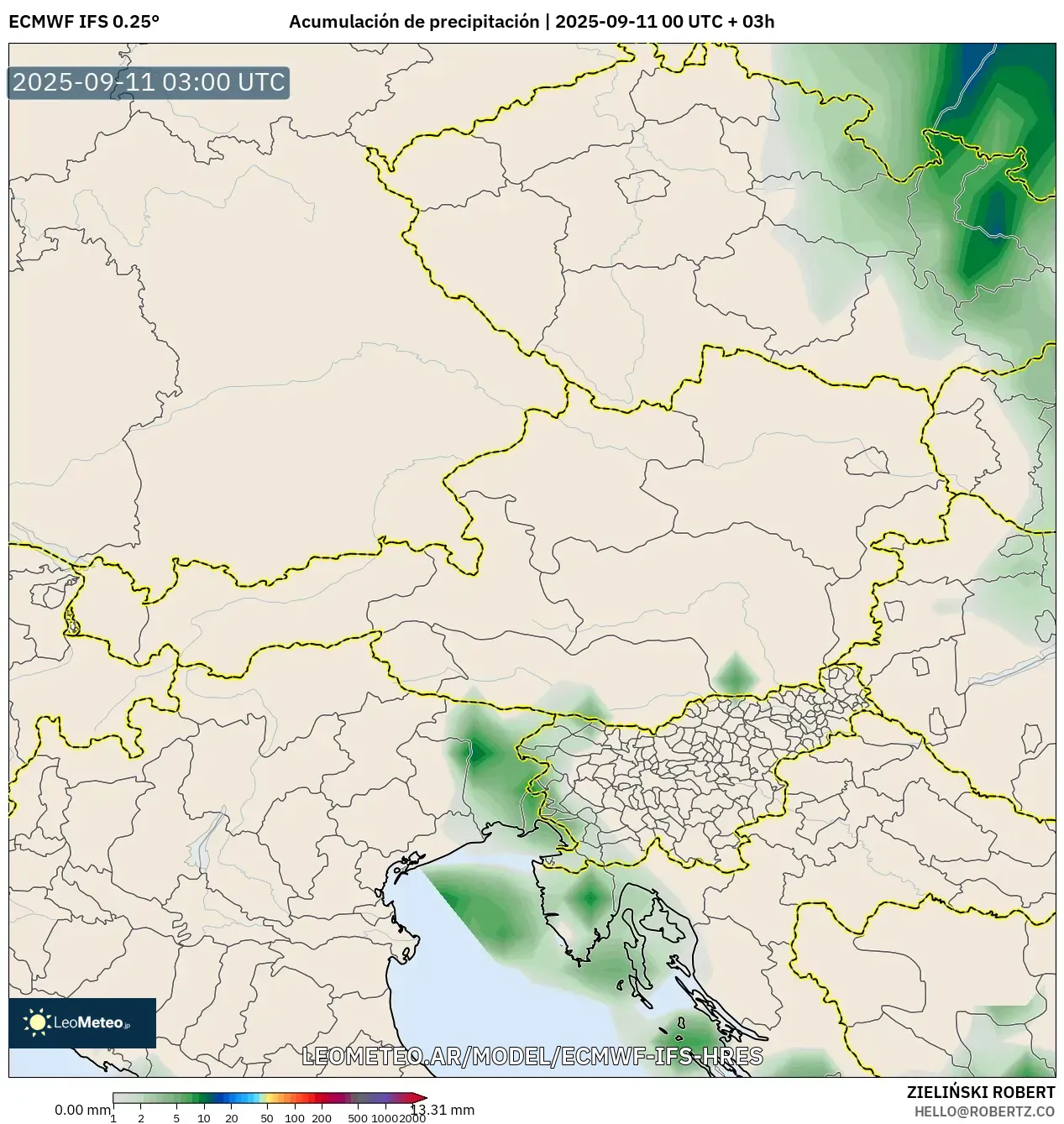 ECMWF IFS 0.25° model - Austria, Acumulación de precipitación