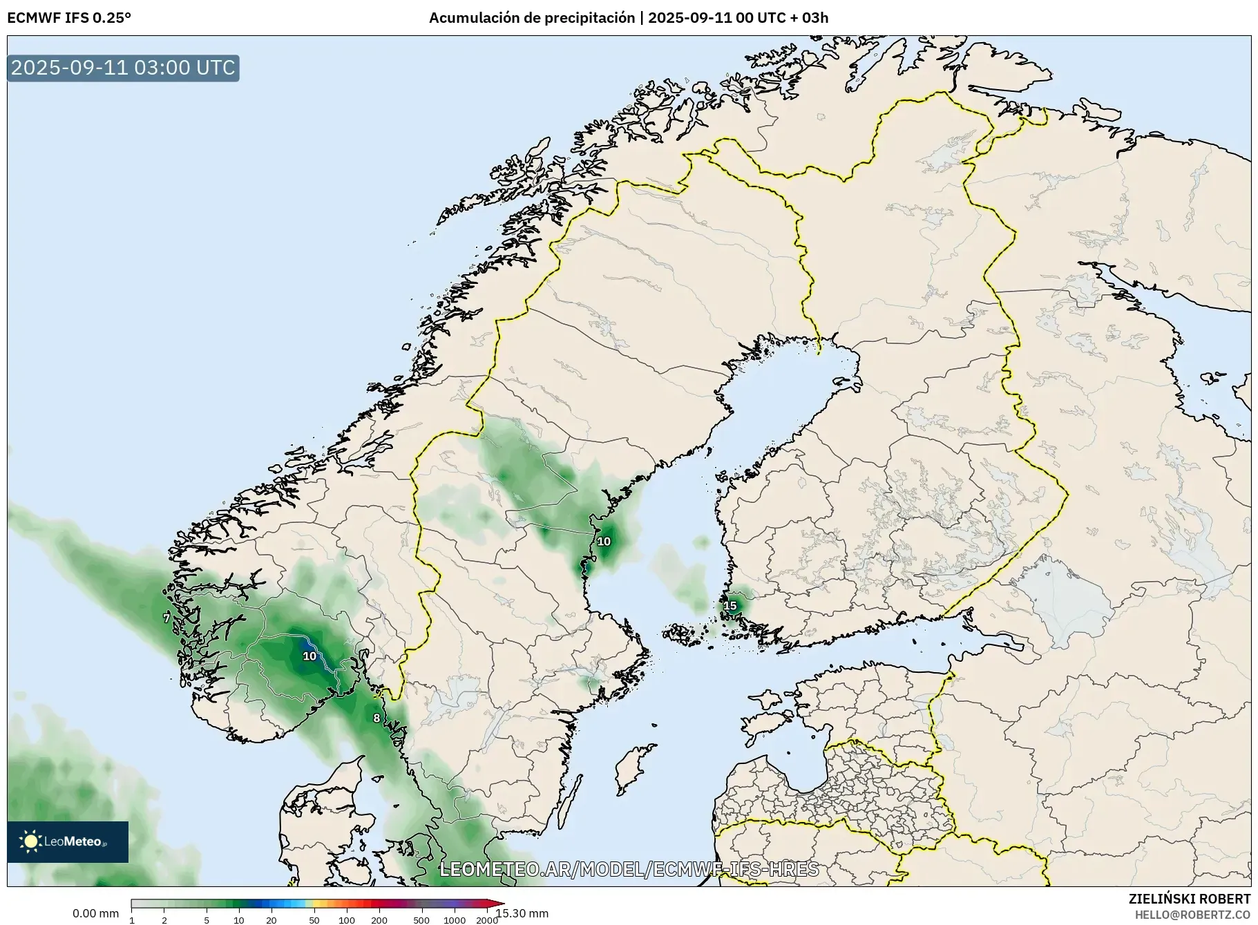 ECMWF IFS 0.25° model - Escandinavia, Acumulación de precipitación