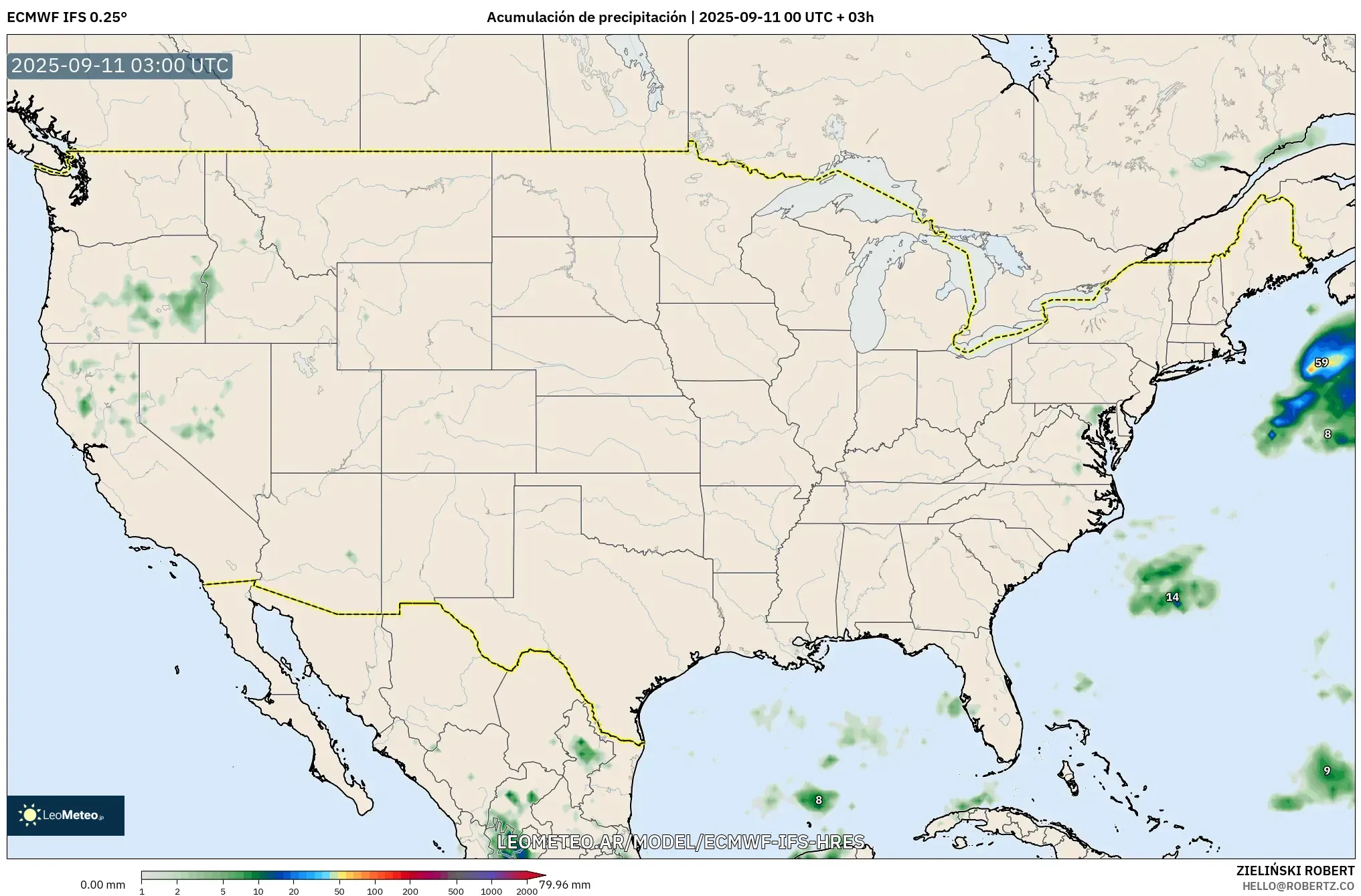 ECMWF IFS 0.25° model - Estados Unidos, Acumulación de precipitación ECMWF IFS 0.25° model - Estados Unidos, Acumulación de precipitación