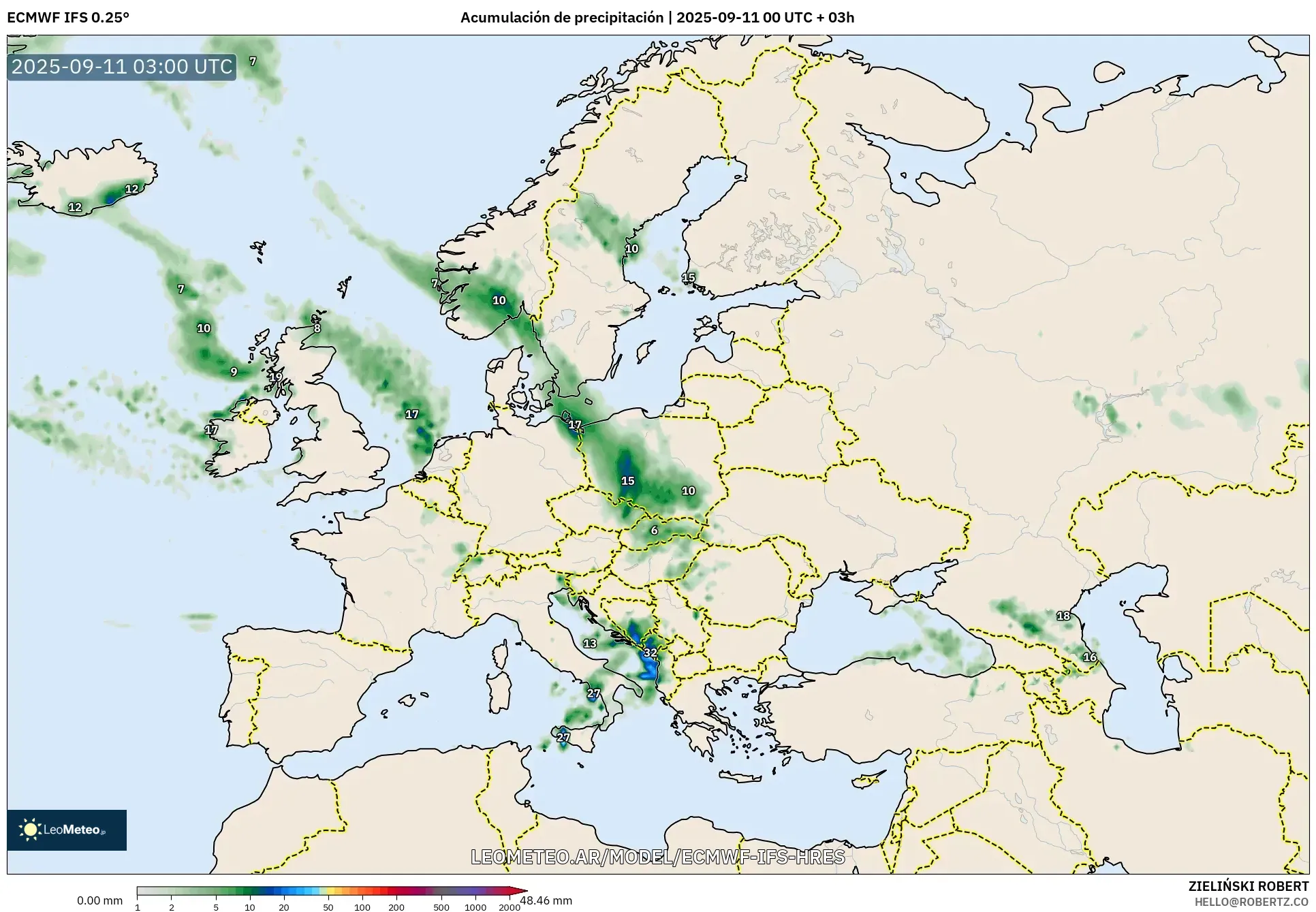 ECMWF IFS 0.25° model - Europa, Acumulación de precipitación