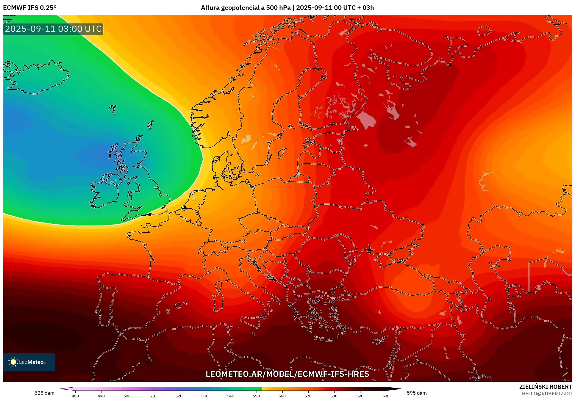 ECMWF IFS 0.25° model - Europa, Altura geopotencial a 500 hPa