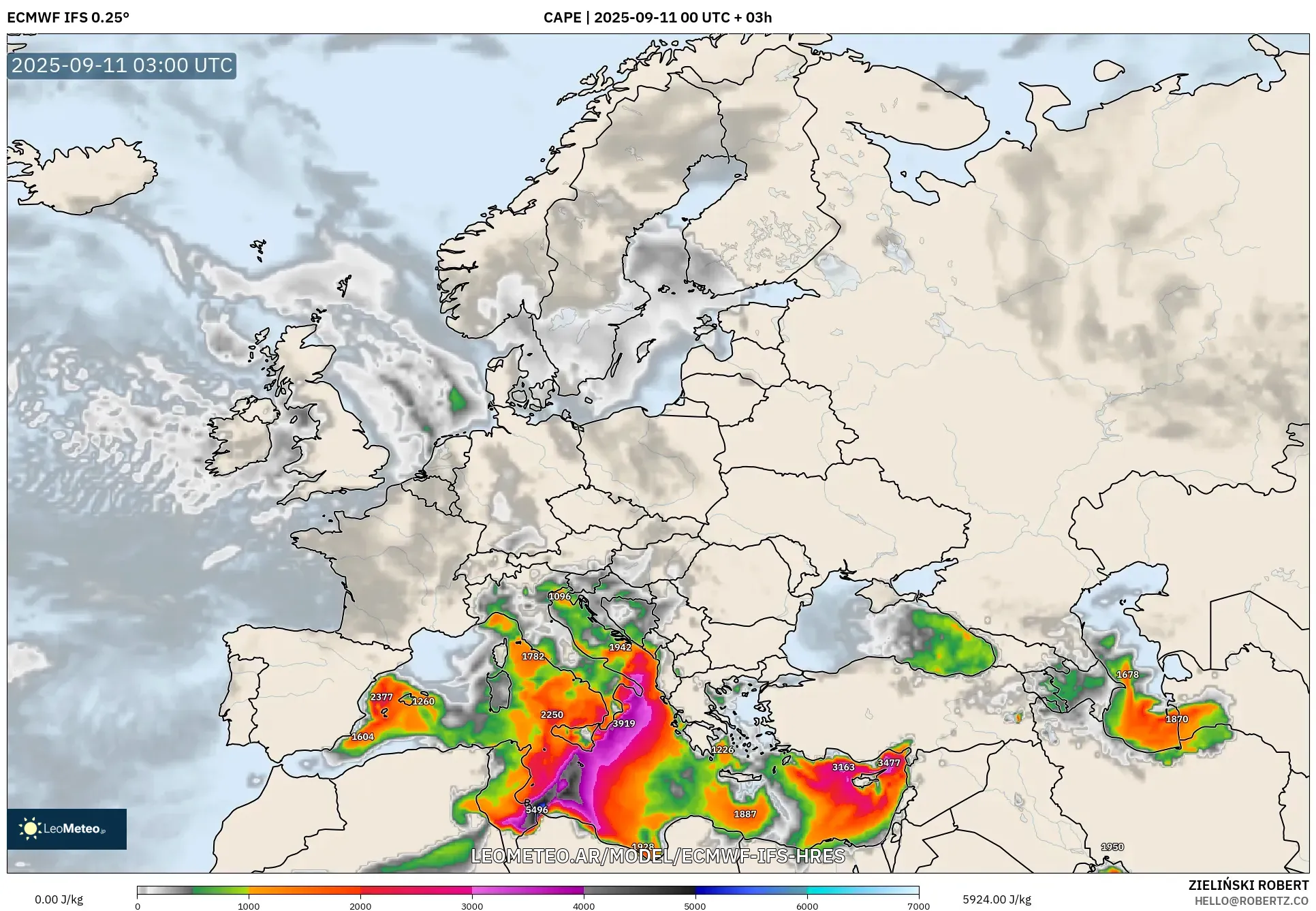 ECMWF IFS 0.25° model - Europa, CAPE ECMWF IFS 0.25° model - Europa, CAPE