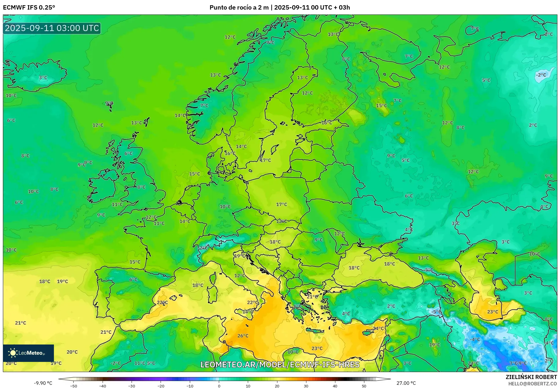 ECMWF IFS 0.25° model - Europa, Punto de rocío a 2 m