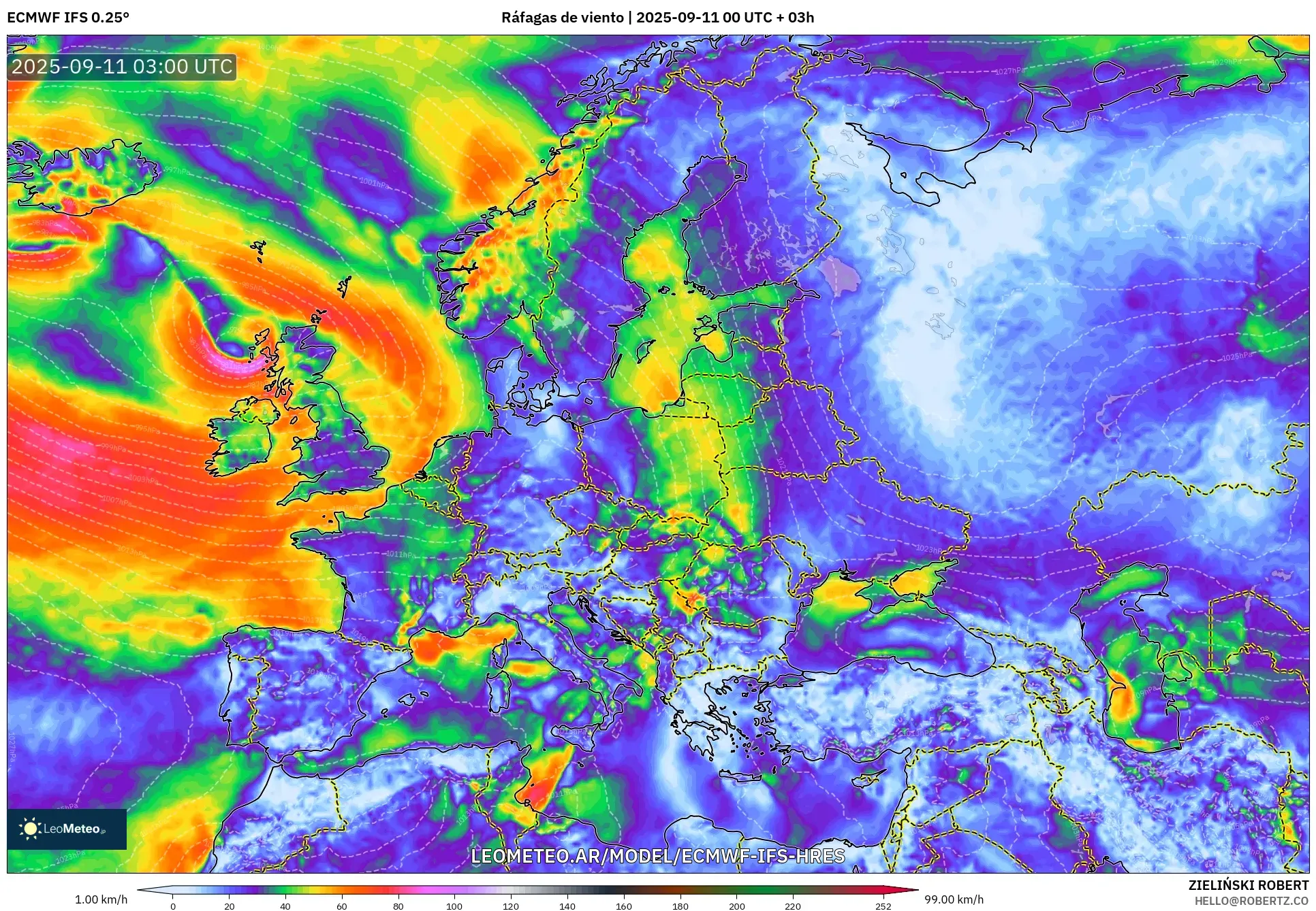 ECMWF IFS 0.25° model - Europa, Ráfagas de viento