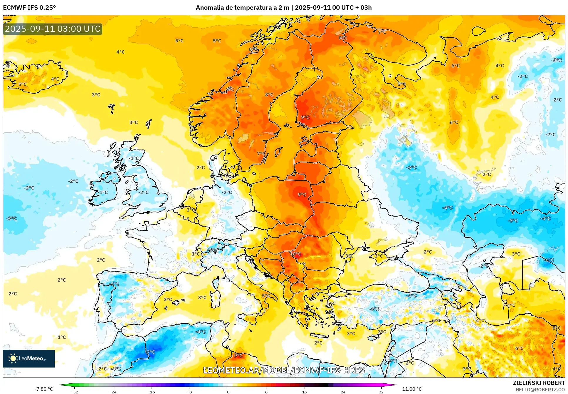 ECMWF IFS 0.25° model - Europa, Anomalía de temperatura a 2 m
